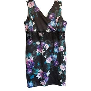 Ricki’s Black/Purple/Blue Floral Sheath,V-Neck Sleeveless-Lace Trim Size 14